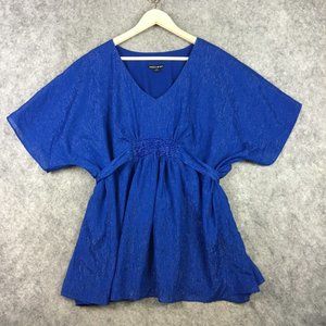 Fashion Bug Top 2X Dolman Tie Back Beaded Metallic Gauze Blue Cobalt Career